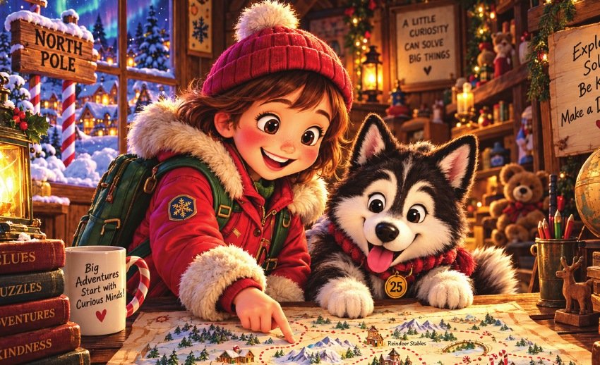 Juniper Bell and Bramble studying a Christmas map in a glowing North Pole workshop