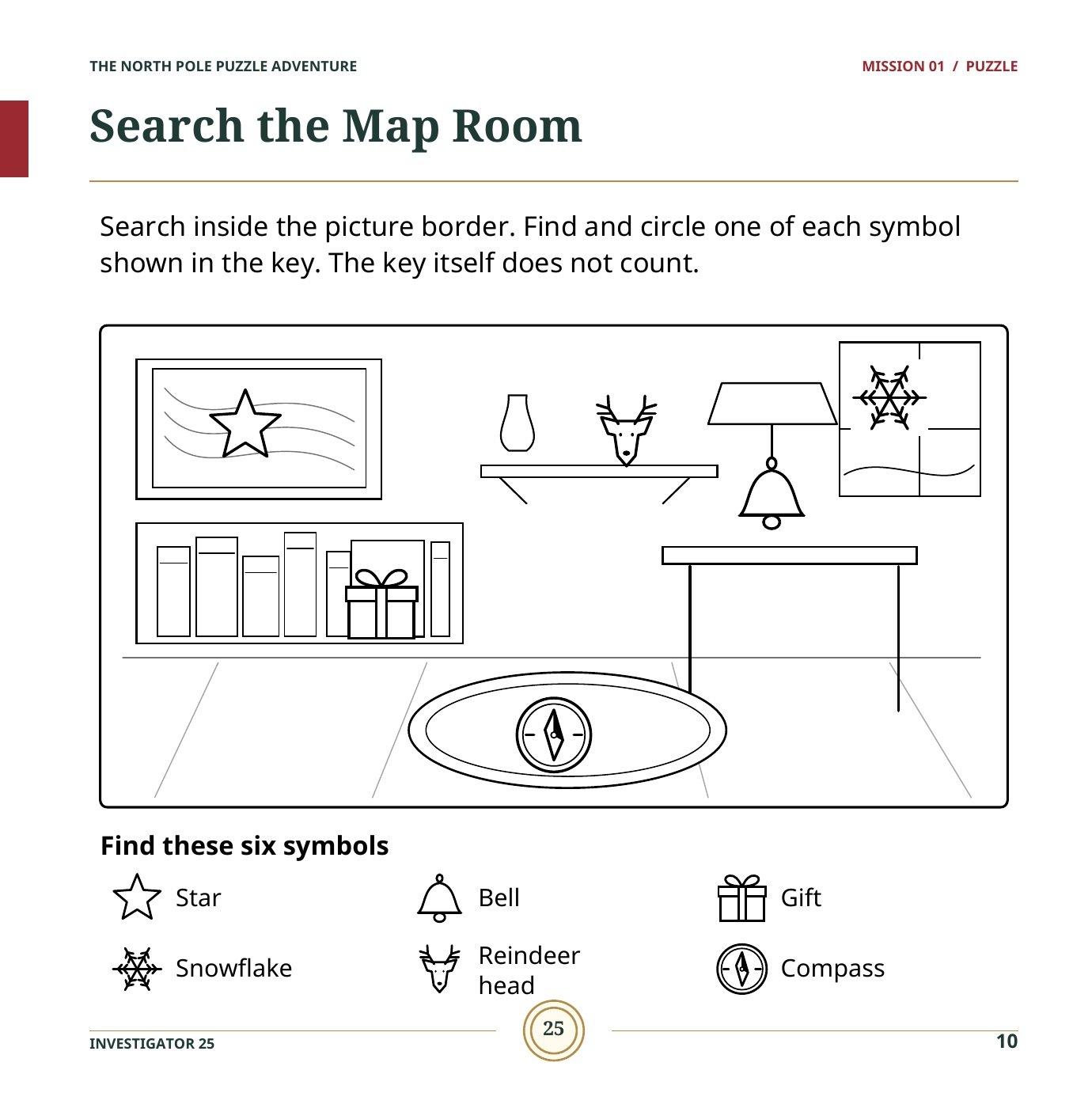 Sample page 10: Search the Map Room, a puzzle to find six symbols